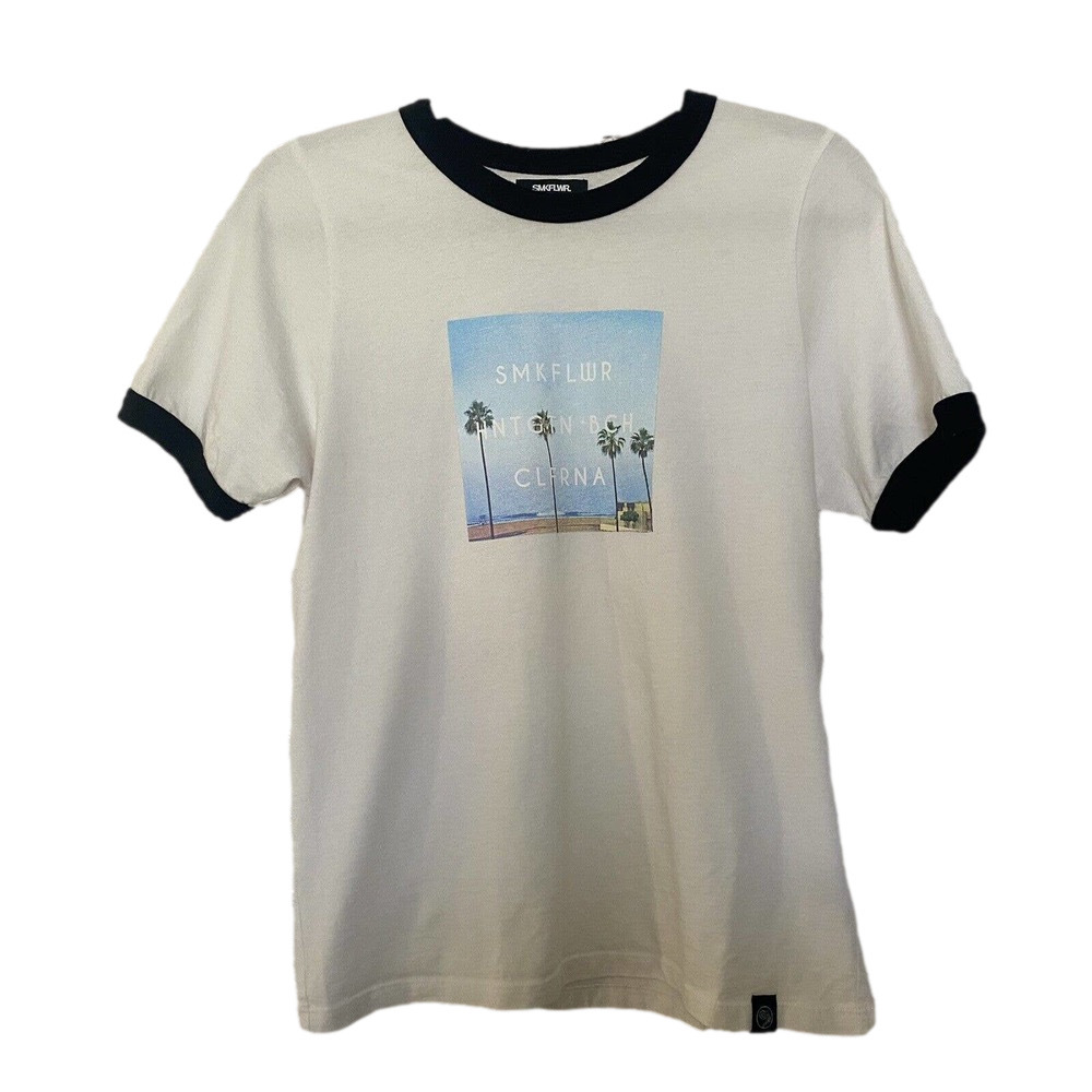 🌵 SMKFKWR. Women's Cotton Huntington Beach Ringer Logo T-Shirt - Size Small